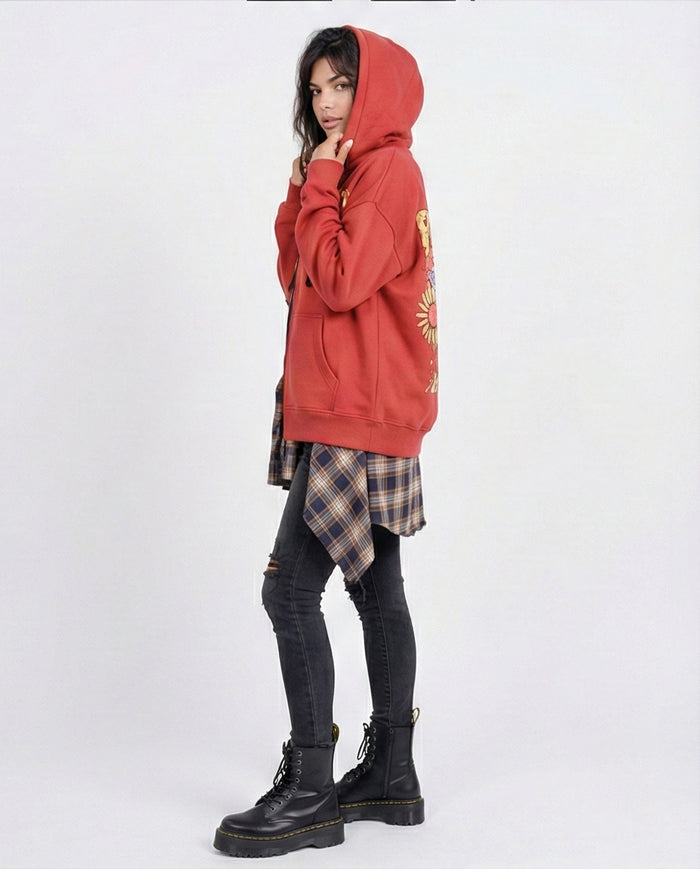 Burnt Orange Graphic Zip-Up Hoodie with Butterfly Back Print - O201146
