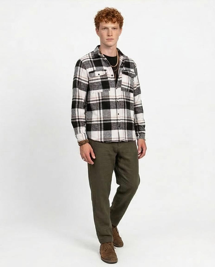Classic Neutral Plaid Flannel Double Pocket Shirt - O200611