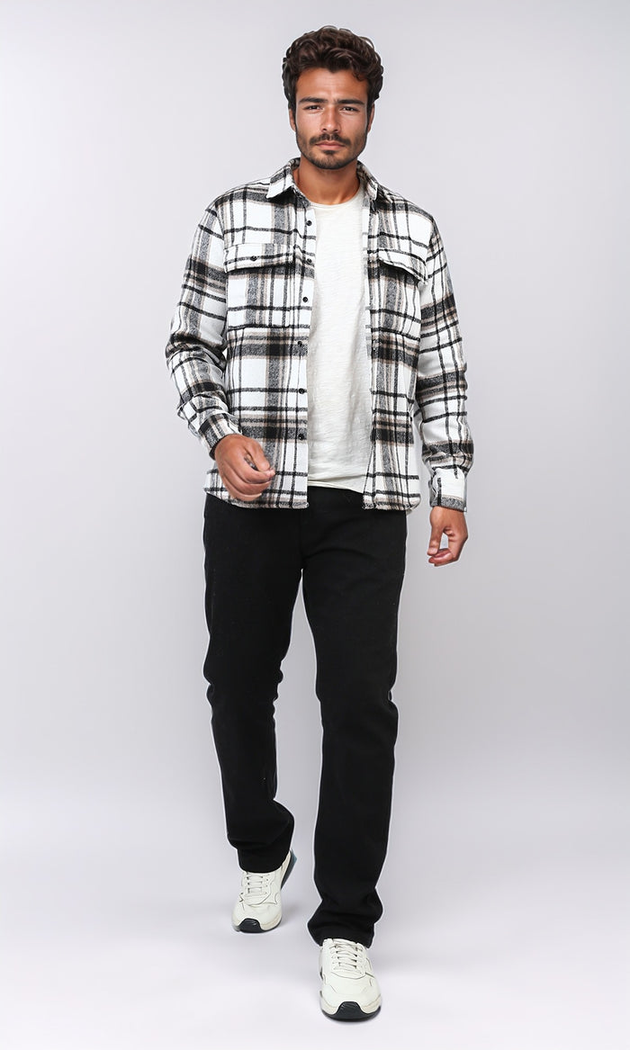 Cream & Brown Plaid Flannel Button-Down Shirt - O200613