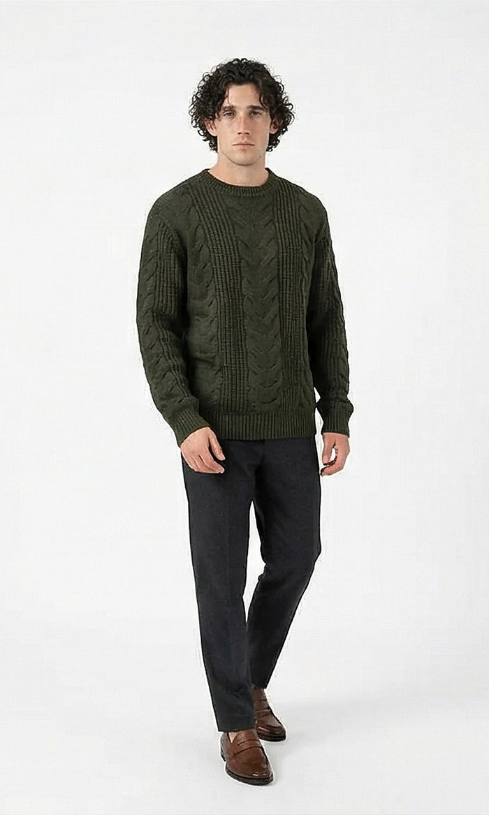 Dark Olive Heritage Cable-Knit Crewneck Pullover - O201237
