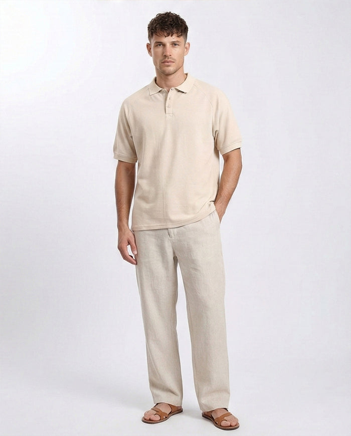 Elbow Sleeves Solid Polo Shirt - Beige - R208946