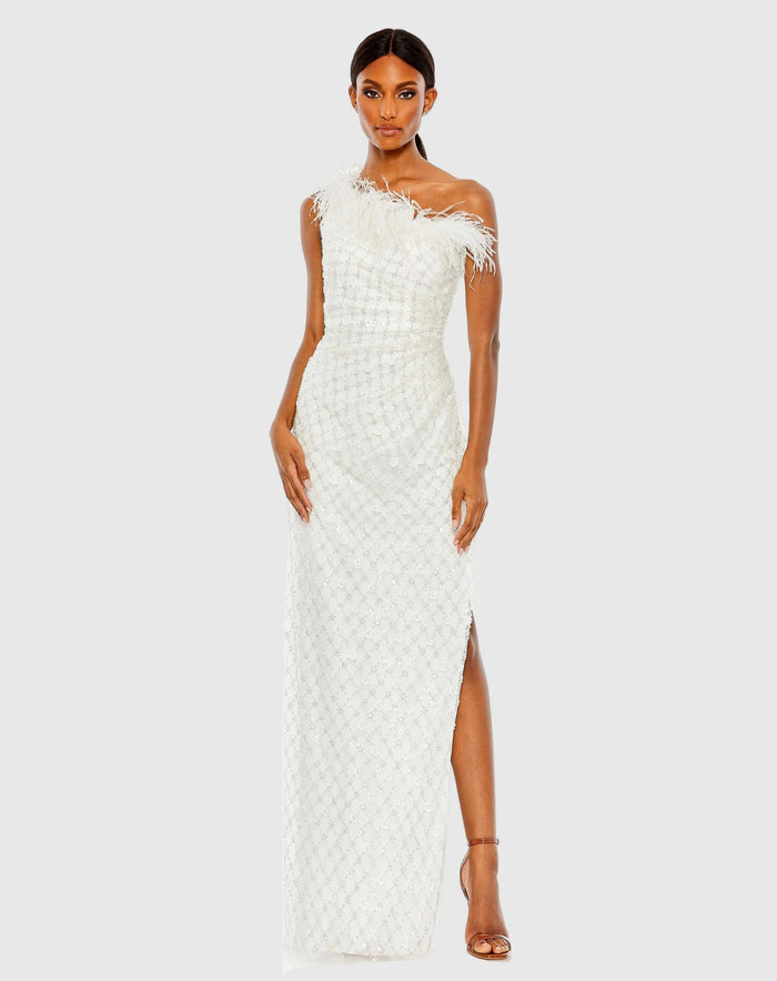 Embellished One Shoulder Gown w/ Ostrich Feathers