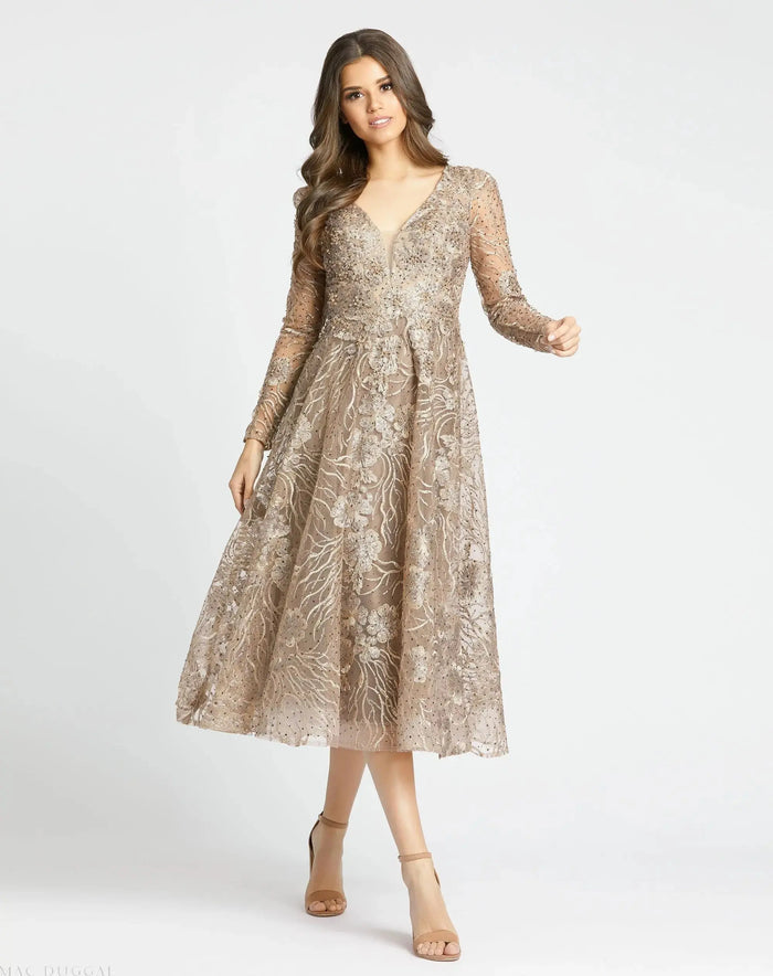 Beige Embellished Plunge Neck Illusion Long Sleeve Midi