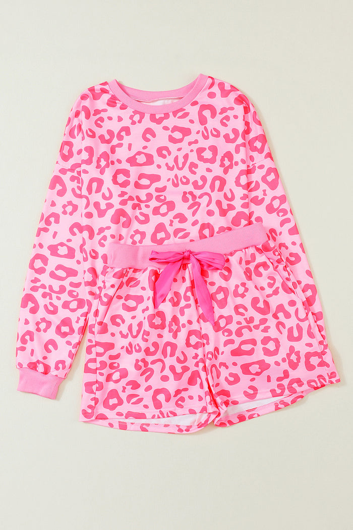 Ensemble deux pièces short à nouer en satin à manches longues et léopard rose-A WOMAN WE LOVE