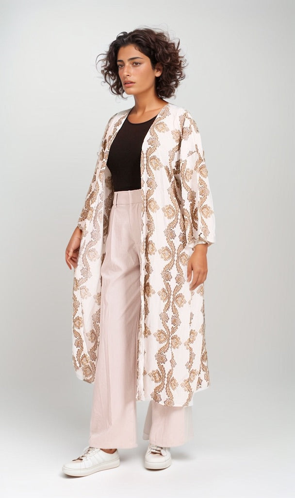 Geometric Print Open Front Long Cardigan - Beige & Brown