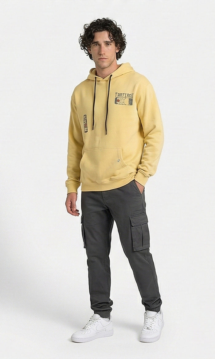 Graphic Print Tan Hoodie with Drawstring Detail