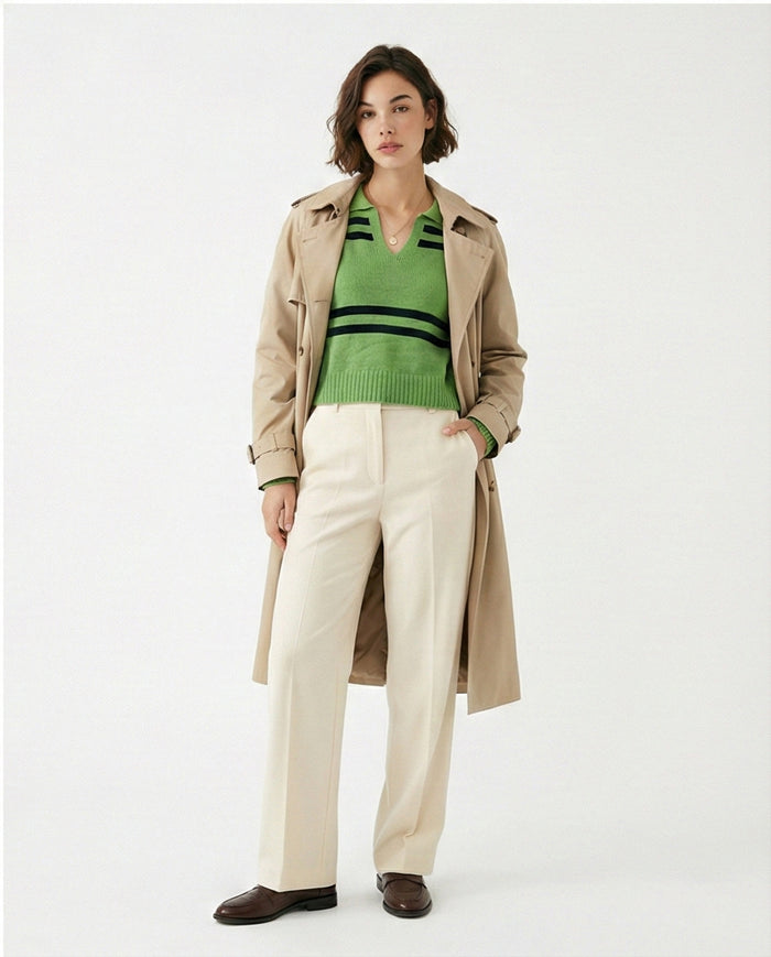 Green & Black Striped Polo Collar Knit Pullover - O201334