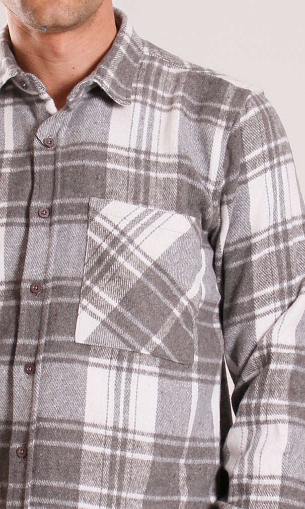 Grey & White Plaid Flannel Long Sleeve Shirt - O200604