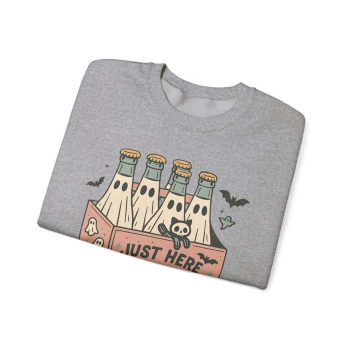 close-up of just here for the boos printed design on sweatshirt front