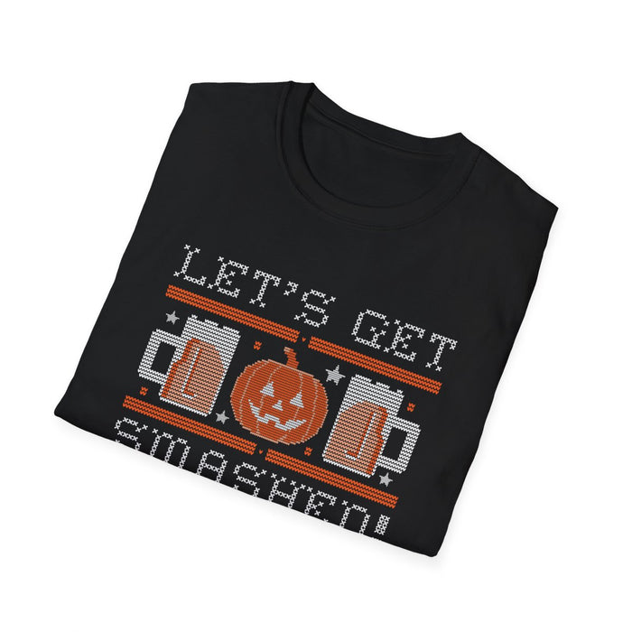 model wearing navy let's get smashed halloween beer t-shirt