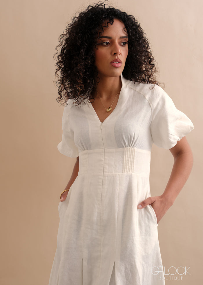 Linen Puff Sleeve Maxi Dress - 170526