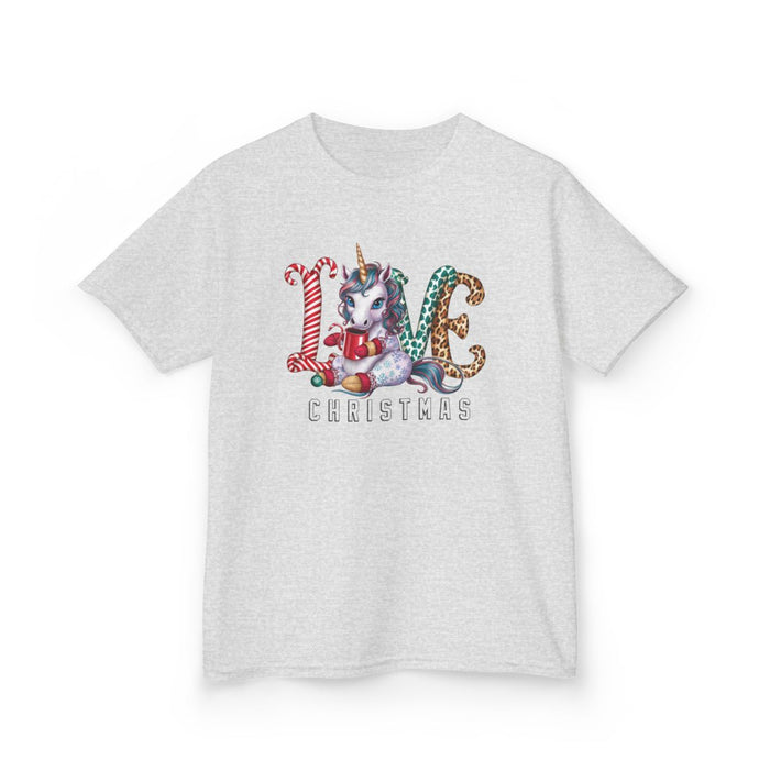 kids christmas t-shirt with colorful unicorn and holiday details flat lay