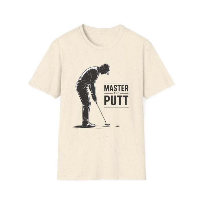 white t-shirt with master the putt graphic tee design for golfers