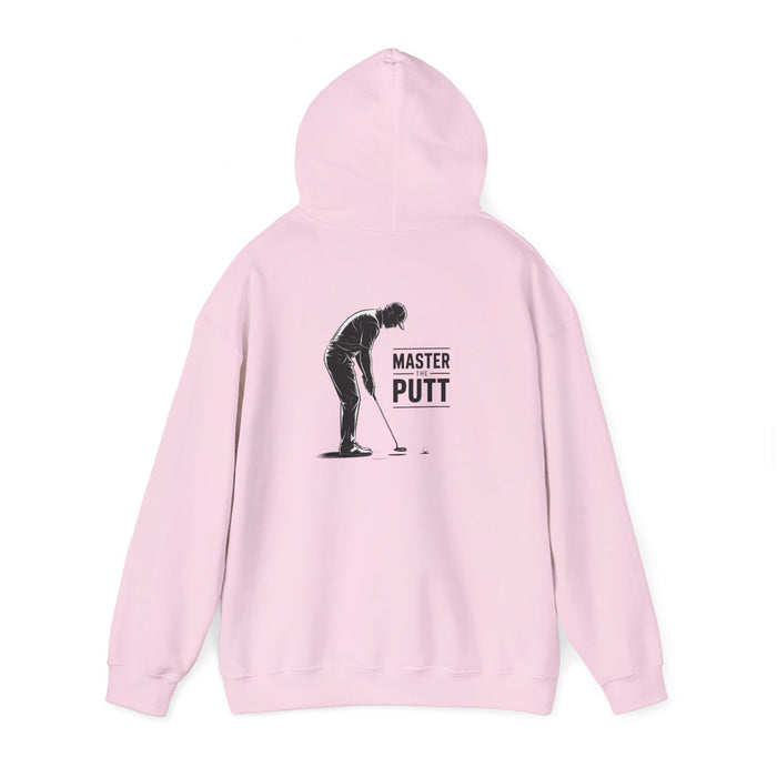 light blue hoodie with master the putt golf design for golfers