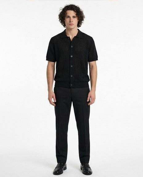 Men's Black Textured Open-Knit Button-Down Shirt - R217123