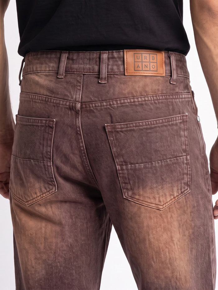 Men's Brown Relaxed Fit Washed Denim Jeans Non-Stretchable