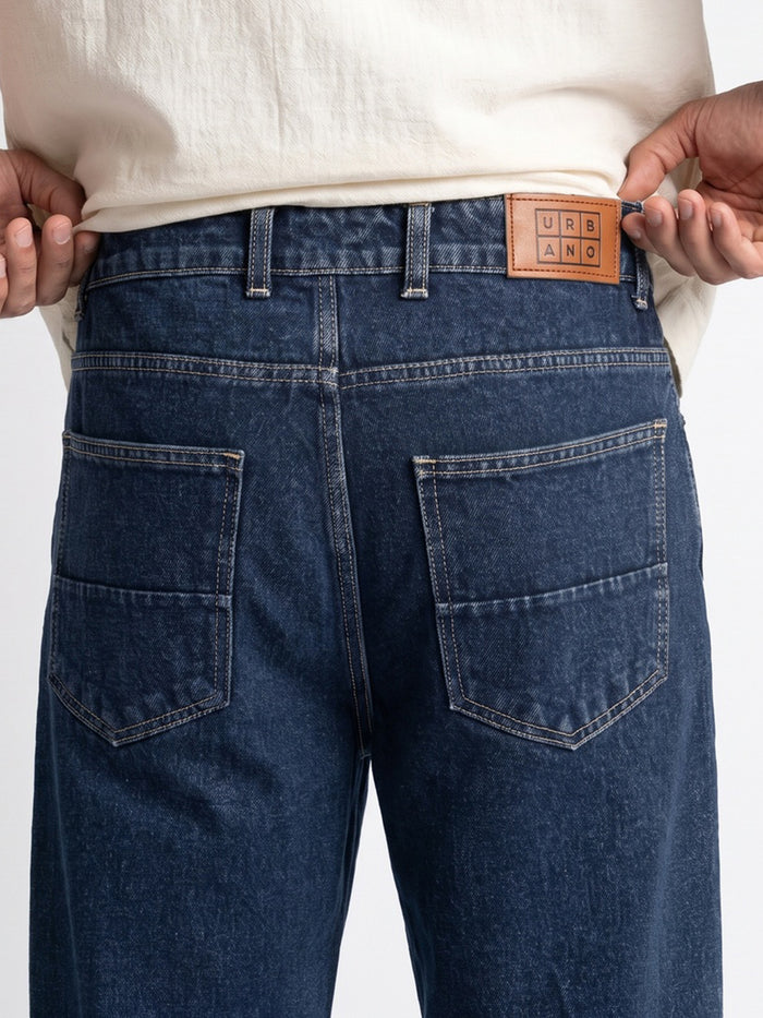 Men's Dark Blue Relaxed Fit Washed Denim Jeans Non-Stretchable