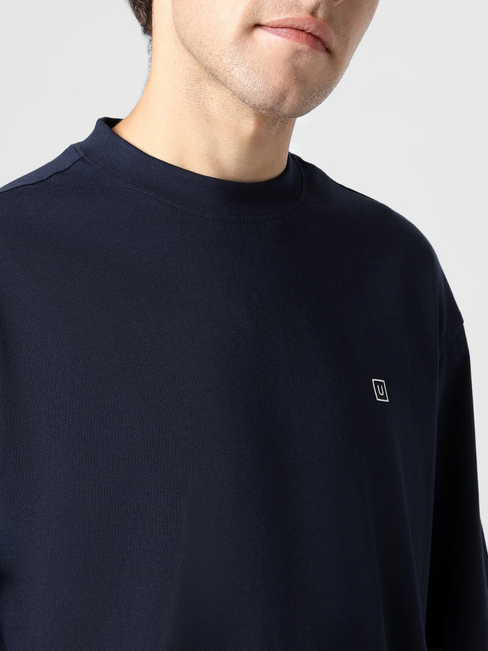 Men's Navy Blazer Solid Round Neck Oversized Half Sleeve Cotton T-Shirt