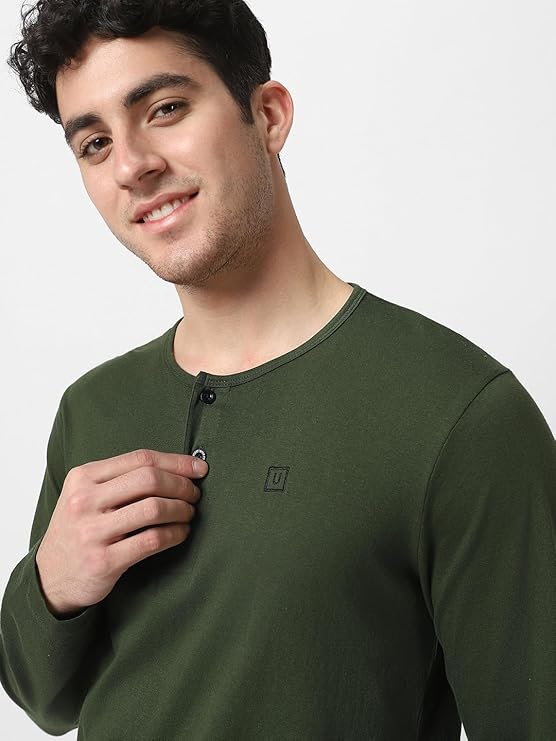 Men's Olive Green Solid Henley Neck Slim Fit Cotton T-Shirt