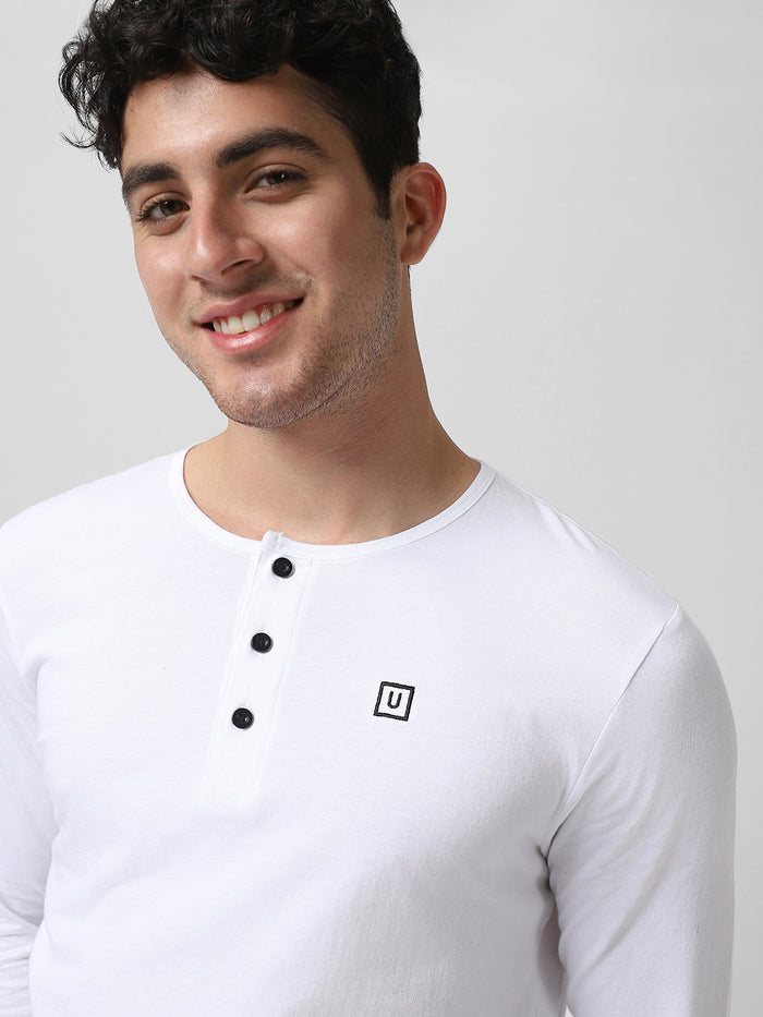 Men's White Solid Henley Neck Slim Fit Cotton T-Shirt