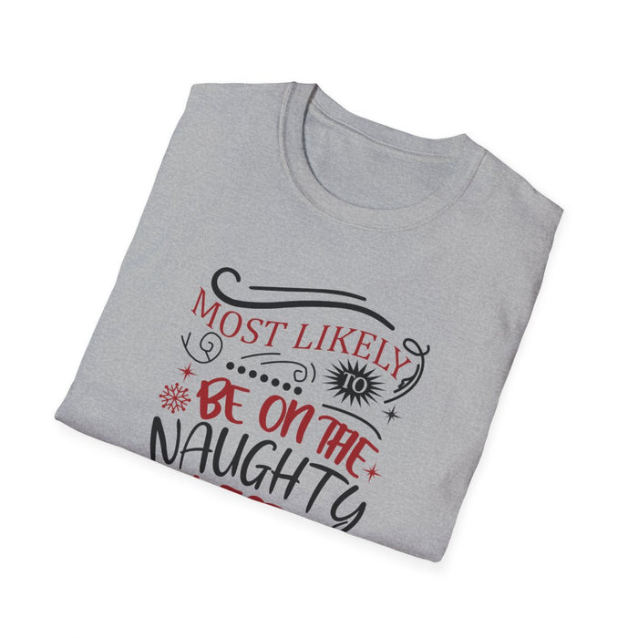 light blue t-shirt with festive naughty list graphic for Christmas parties