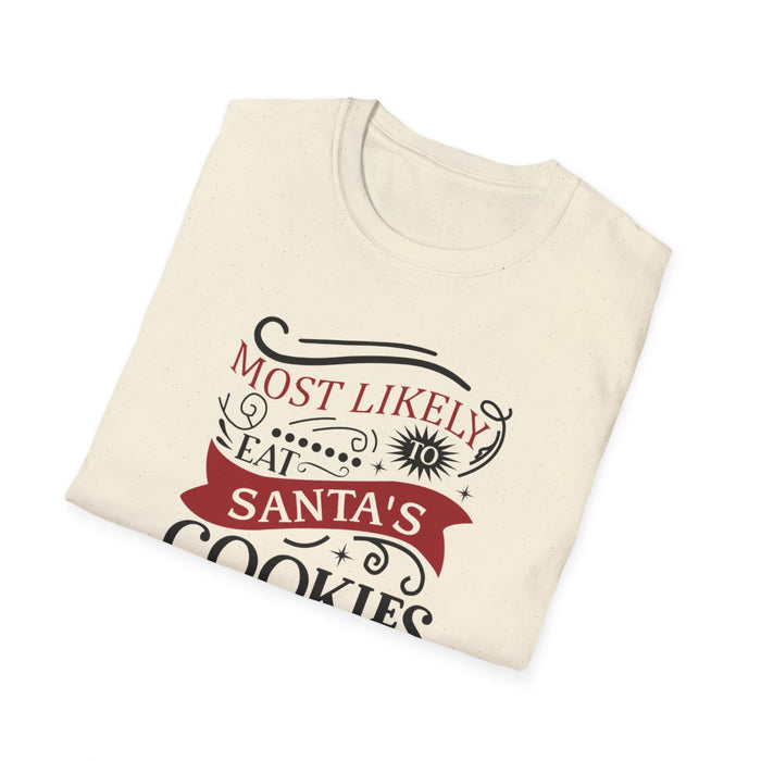 light blue christmas t-shirt with humorous santa cookie design worn