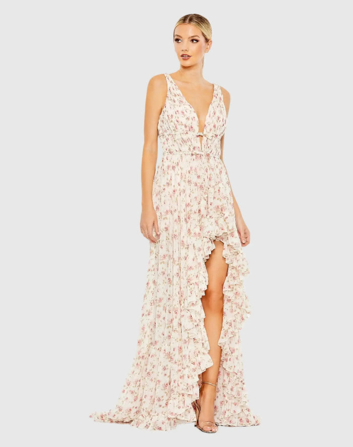 White Multicolor Floral Print Sleeveless Ruffled High-Low Gown - Mac Duggal