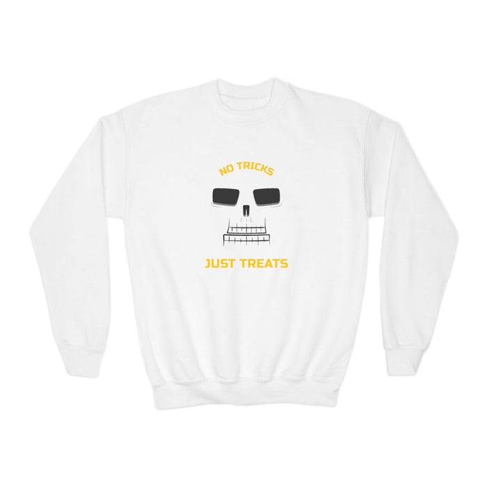 forest green kids sweatshirt with bold skeleton halloween print