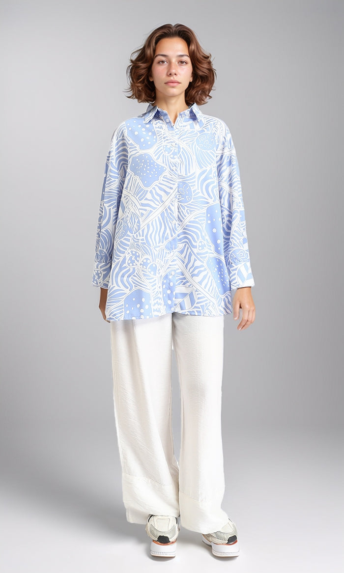 O193469 - Patterned Long Sleeves Casual Shirt - Baby Blue & White