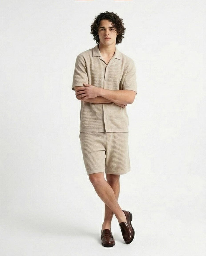 Oatmeal Textured Knit Camp Collar Shirt – Old Money Collection - R217142
