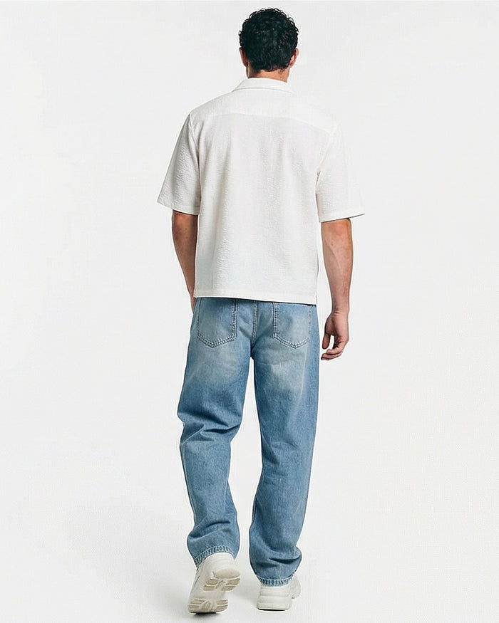 Off-White Textured Camp Collar Short Sleeve Shirt - R217166