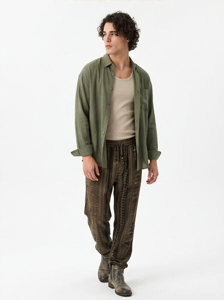 Olive Green Relaxed Fit Linen-Look Long Sleeve Shirt - R217574