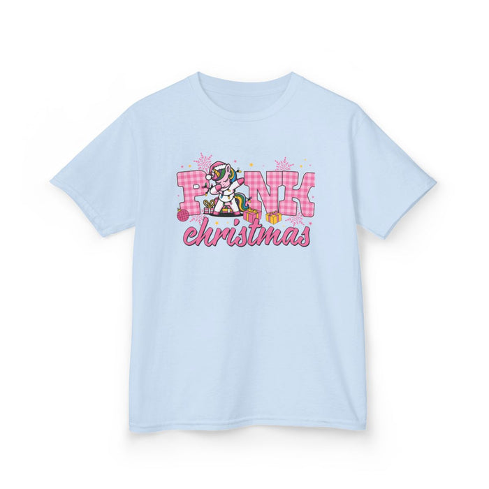 pink Christmas unicorn t-shirt available in multiple sizes for children