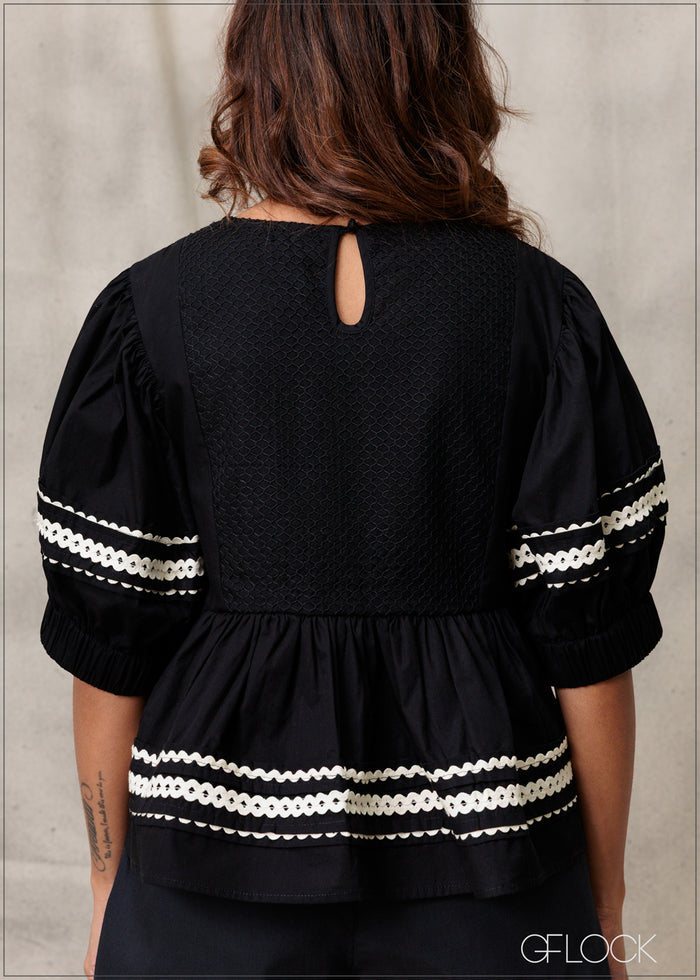 Puff Sleeve Contrast Trim Blouse - 260226
