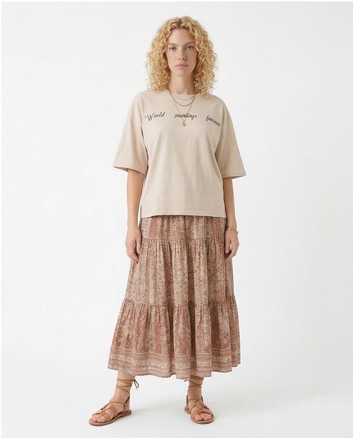 R205859 Ravin Unisex Oversized "World Famous Paintings" Cat Graphic T-Shirt – Stone Beige