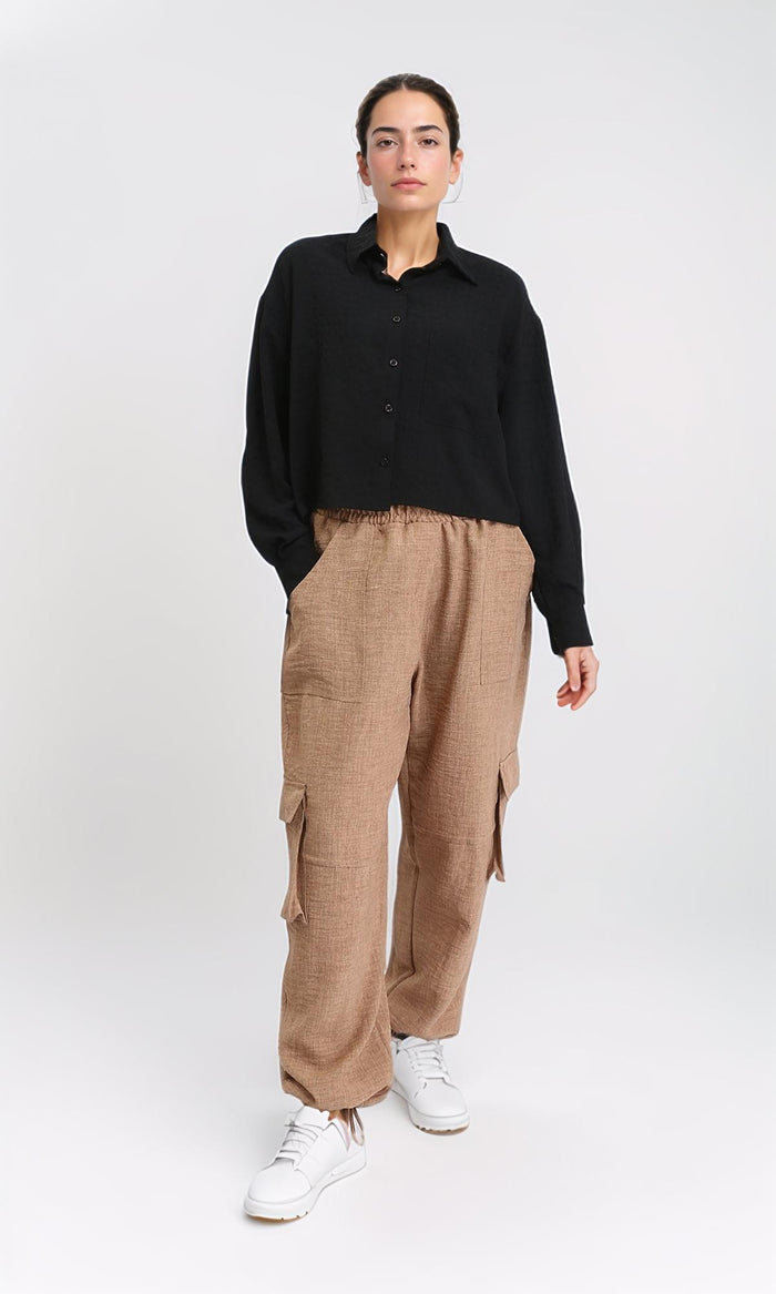 R206354 - Textured Long Sleeves Summer Shirt - Black