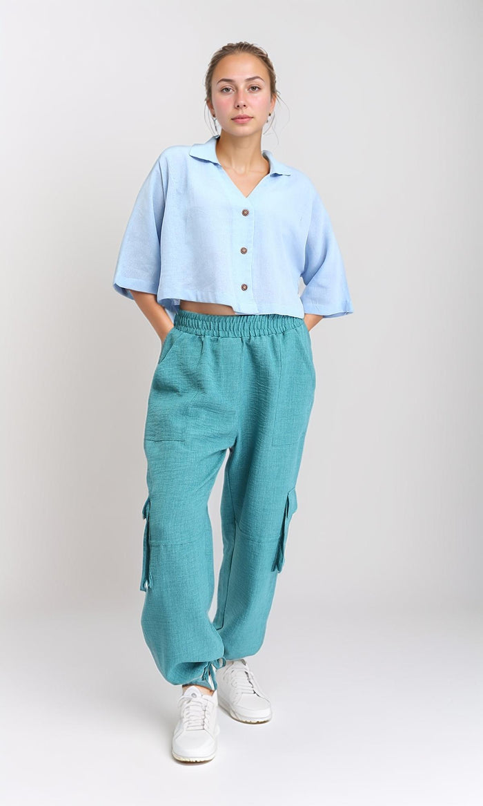 R206369 - Loose Elbow-Sleeves Textured Short Shirt - Light Blue