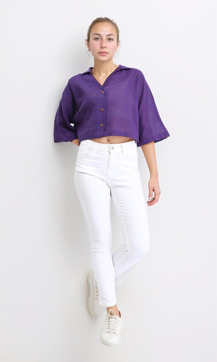 R206371 - Loose Elbow-Sleeves Textured Short Shirt - Dark Purple
