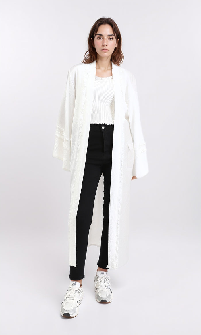 R206976 - Slip On Textured Long Cardigan - Off-White