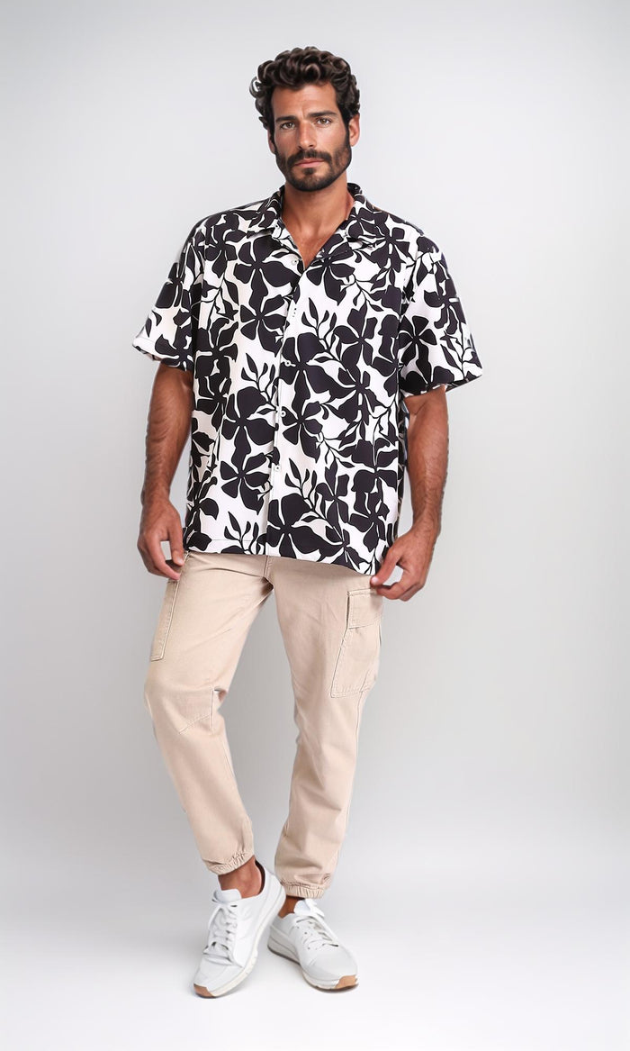 R208110-Floral Relaxed Fit Casual Shirt - Black & White