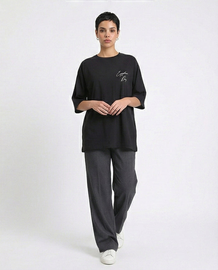R208520 - Slip On Relaxed Fit Cotton Long Tee - Black