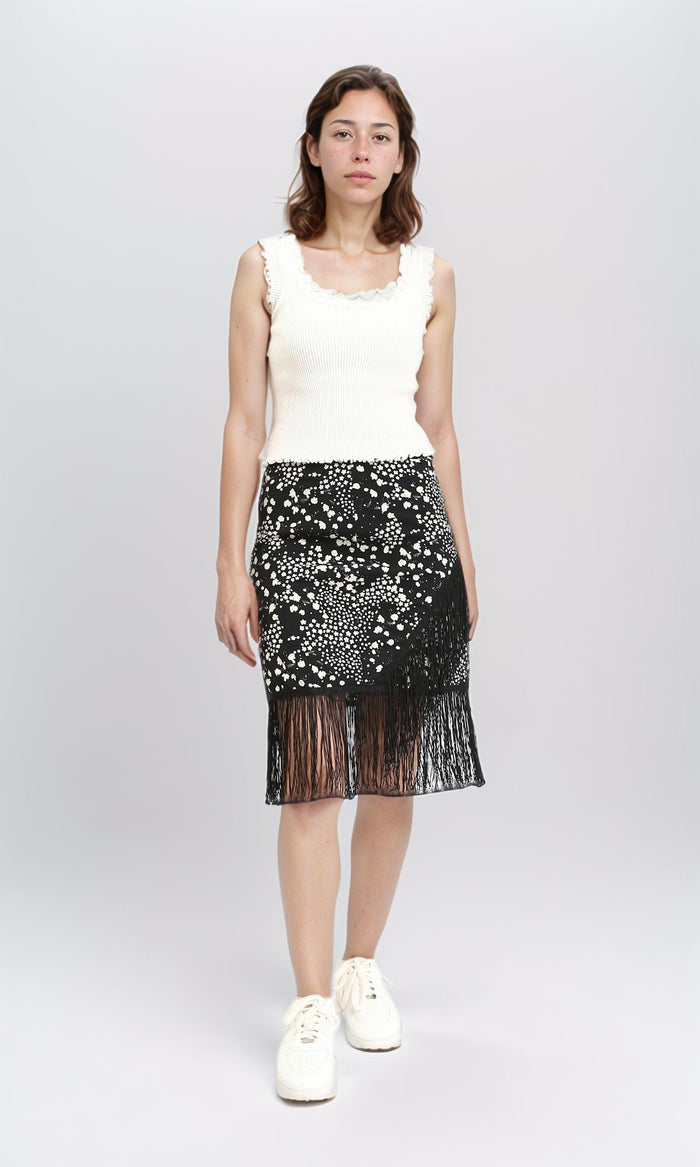 R208781 - Patterned Zipped Short Skirt with Fringes - Black & White