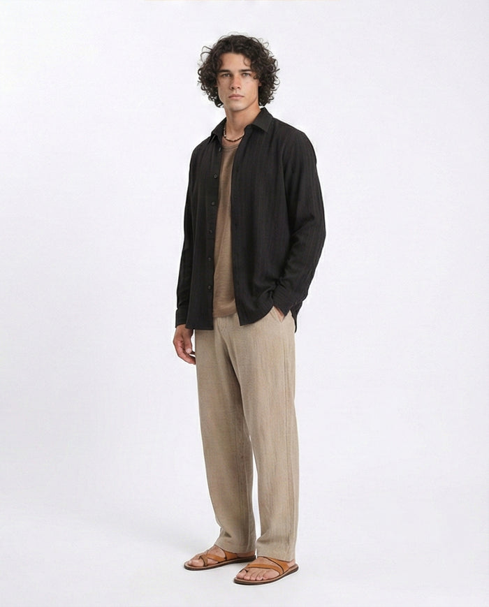 R209101 - Self Textured Long Sleeves Summer Shirt - Black
