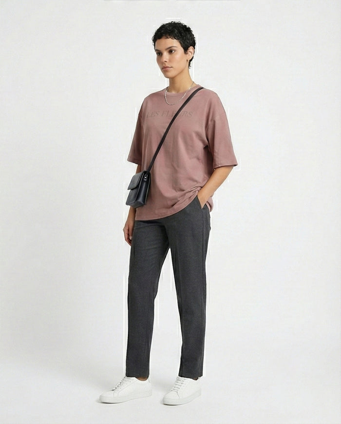R209219 - Elbow Sleeves Printed Casual Tee - Dark Nude