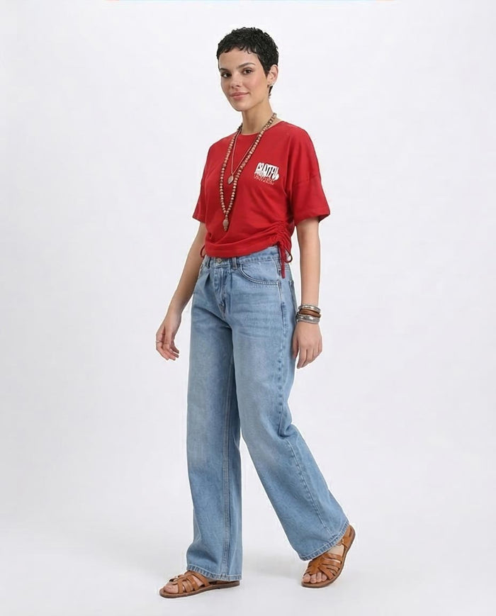 R209235 - Elbow Sleeves Tee with Side Drawstrings - Red
