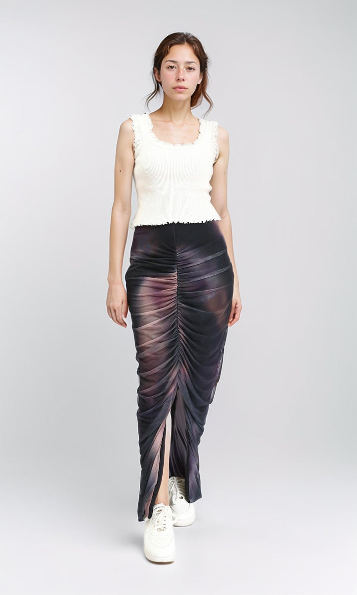 R209248 - Slip On Tulle Skirt with Front Slit - Coffee & Black