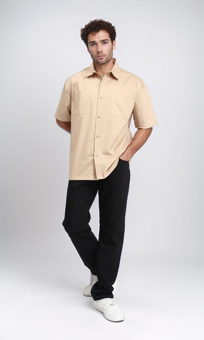 R210044 - Solid Short Sleeves Classic Shirt - Dark Beige