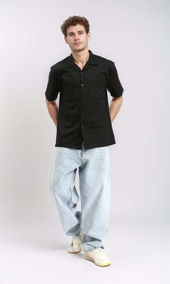 R210045 - Classic Collar Elbow Sleeves Shirt - Black