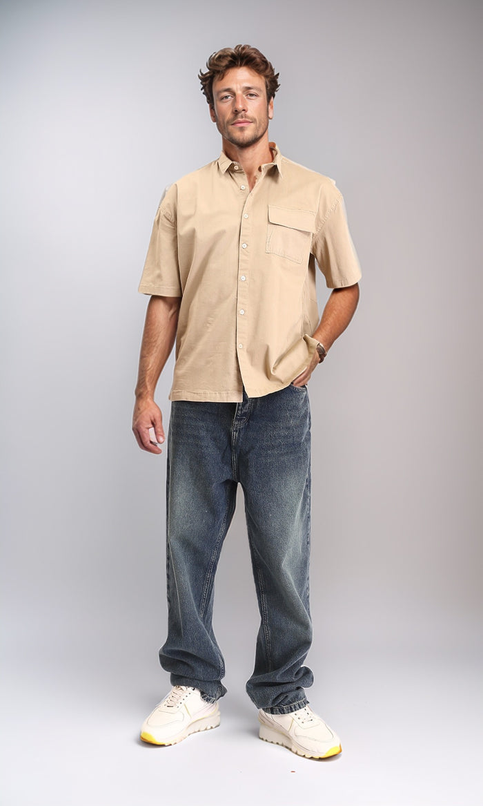 R210048 - Short Sleeves Shirt with Front Pocket - Dark Beige