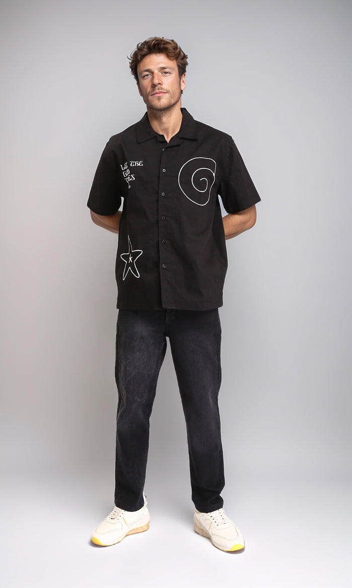 R210049 - Turn Down Collar Printed Shirt - Black